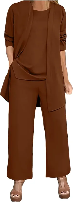 Womens Chiffon 3 Piece Outfit Sets Solid Formal Wide Leg Pant Suits Dressy Wedding Guest Pantsuits