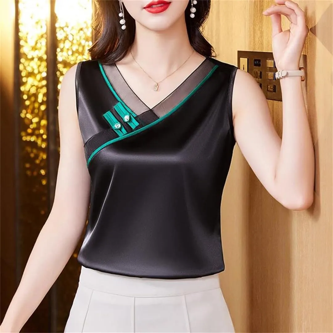 Women's Chinese Style Tank Top Spring Summer Silk Satin Vest V Neck Sleeveless Camisole