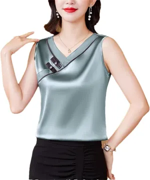 Women's Chinese Style Tank Top Spring Summer Silk Satin Vest V Neck Sleeveless Camisole
