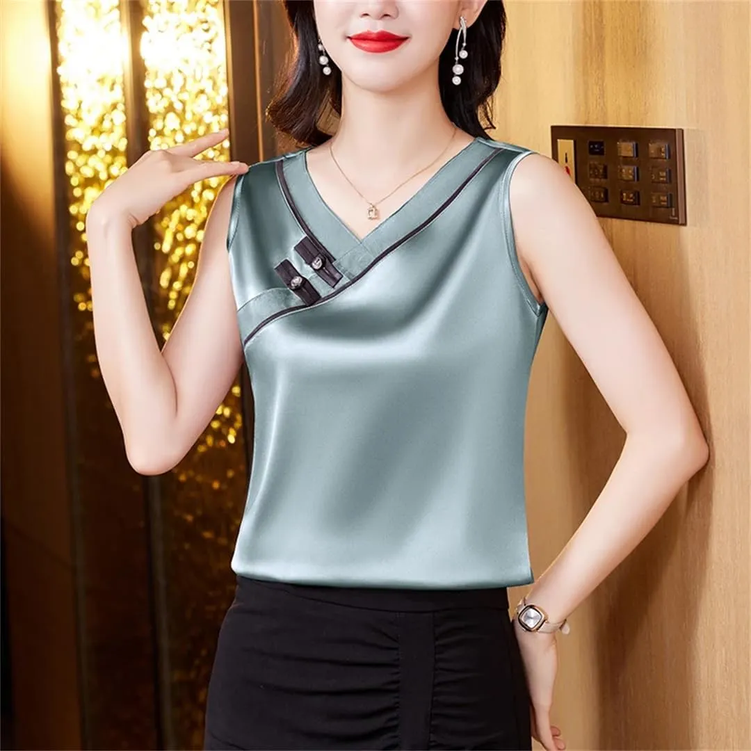 Women's Chinese Style Tank Top Spring Summer Silk Satin Vest V Neck Sleeveless Camisole