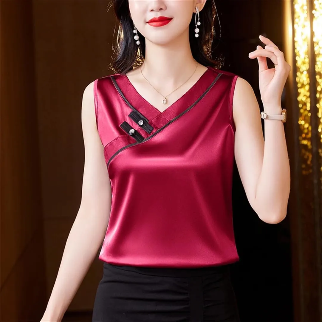 Women's Chinese Style Tank Top Spring Summer Silk Satin Vest V Neck Sleeveless Camisole