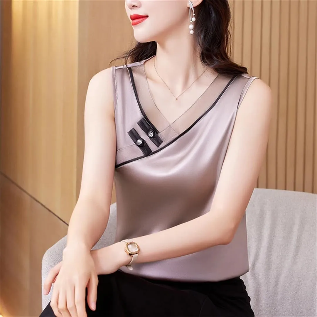 Women's Chinese Style Tank Top Spring Summer Silk Satin Vest V Neck Sleeveless Camisole