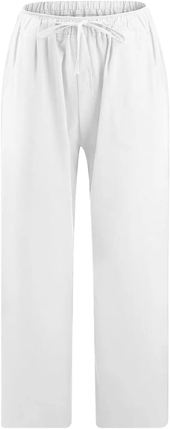 Women's Cotton Linen Capri Pants Lightweight Comfy Elastic High Waist Palazzo Pant 2025 Ladies Cropped Trousers