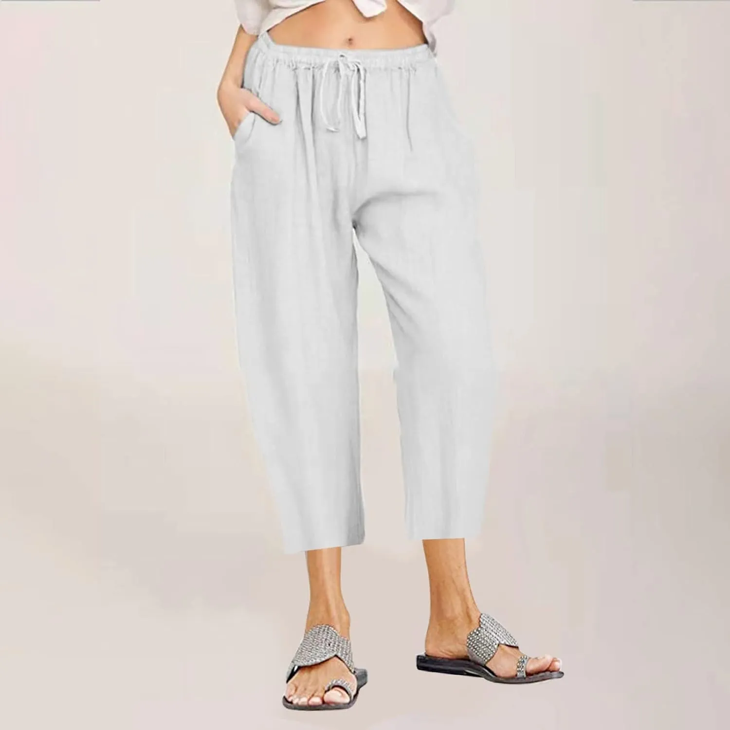 Women's Cotton Linen Capri Pants Lightweight Comfy Elastic High Waist Palazzo Pant 2025 Ladies Cropped Trousers