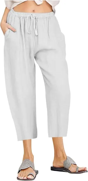 Women's Cotton Linen Capri Pants Lightweight Comfy Elastic High Waist Palazzo Pant 2025 Ladies Cropped Trousers