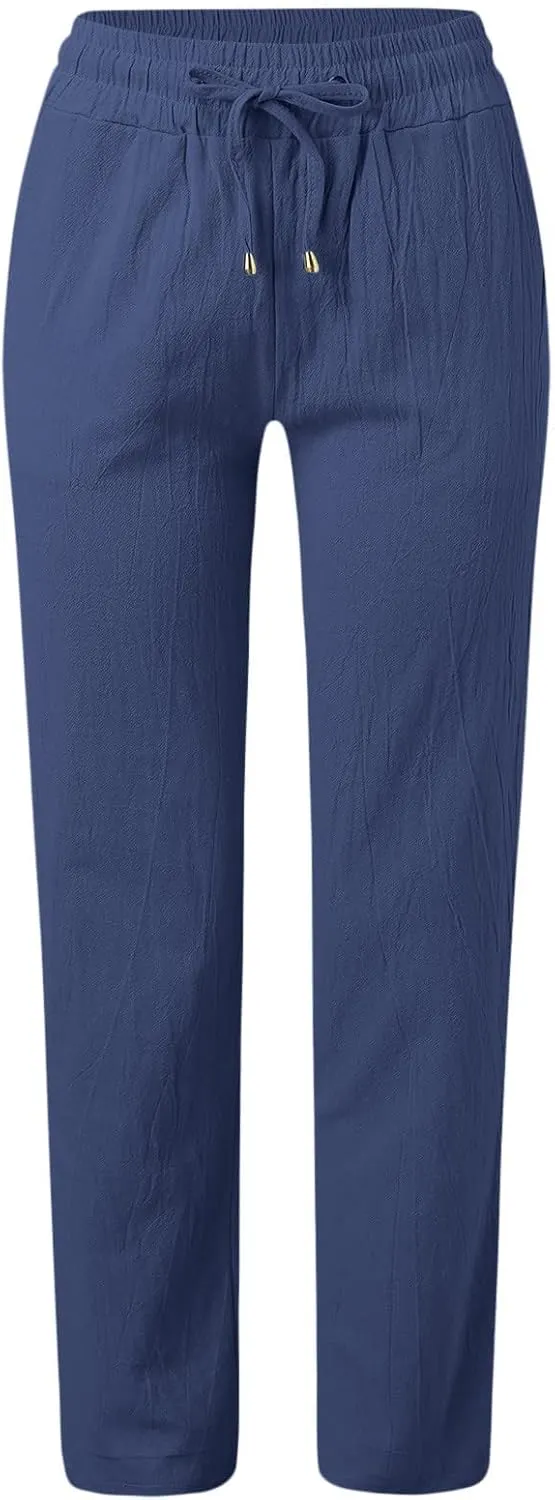 Women's Cotton Linen Pants High Waisted Drawstring Wide Leg Pants with Pockets Summer Casual Loose Trousers for Women