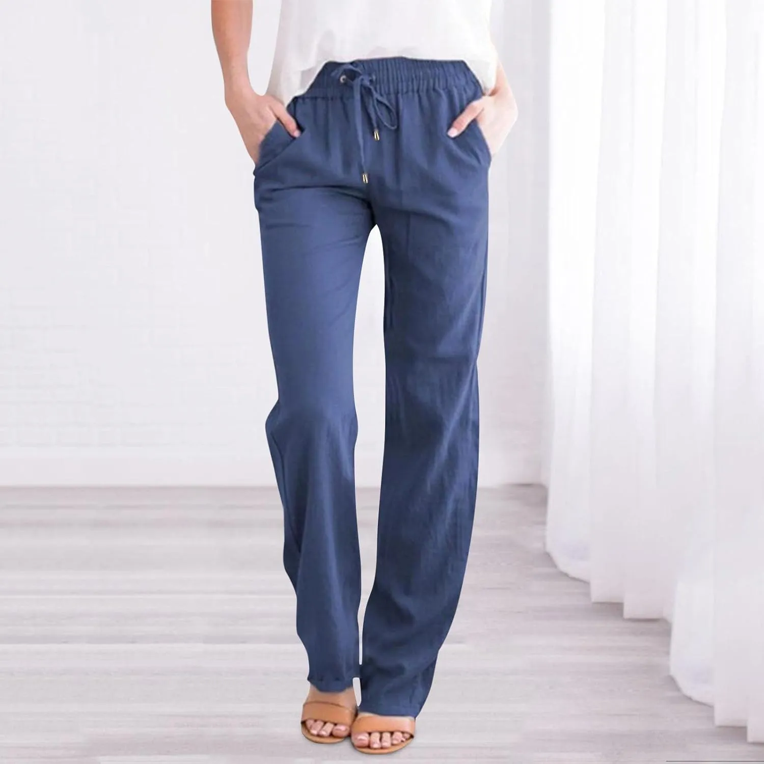 Women's Cotton Linen Pants High Waisted Drawstring Wide Leg Pants with Pockets Summer Casual Loose Trousers for Women
