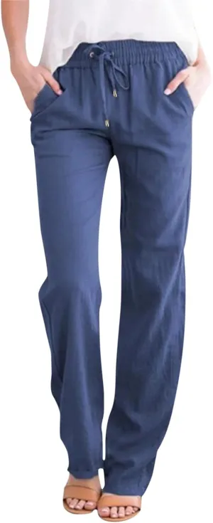 Women's Cotton Linen Pants High Waisted Drawstring Wide Leg Pants with Pockets Summer Casual Loose Trousers for Women
