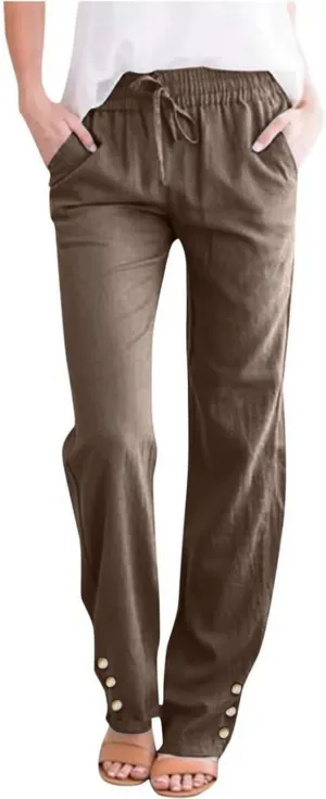 Womens Cotton Linen Pants Summer Casual Loose Trousers with Pockets Drawstring Button Wide Leg Pants for Women