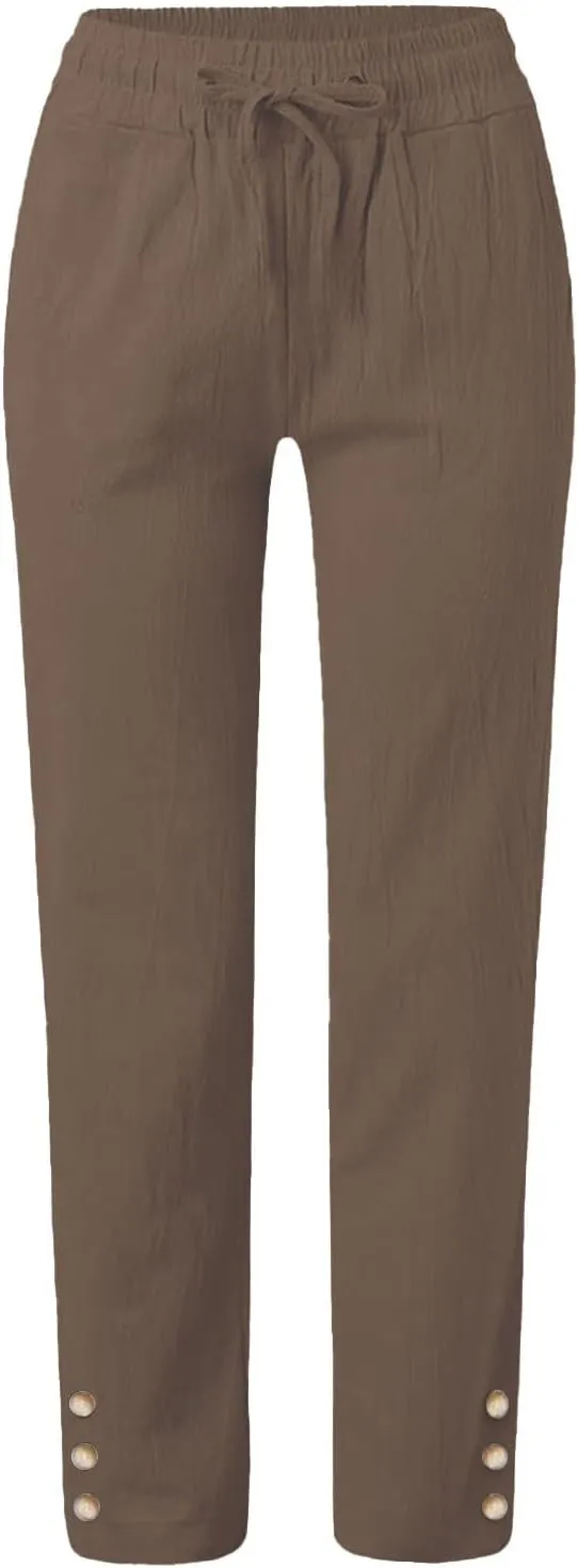 Womens Cotton Linen Pants Summer Casual Loose Trousers with Pockets Drawstring Button Wide Leg Pants for Women