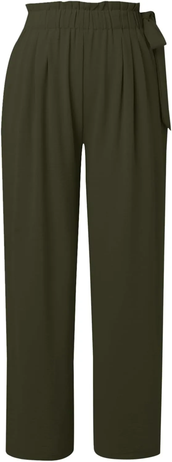Womens Cotton Linen Wide Leg Pants High Waisted Tie Knot Trousers Business Casual Pants Summer Loose Palazzo Trousers