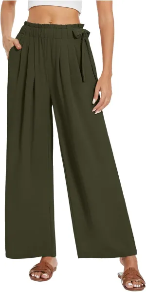 Womens Cotton Linen Wide Leg Pants High Waisted Tie Knot Trousers Business Casual Pants Summer Loose Palazzo Trousers