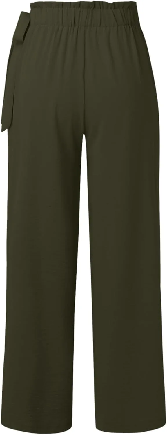 Womens Cotton Linen Wide Leg Pants High Waisted Tie Knot Trousers Business Casual Pants Summer Loose Palazzo Trousers