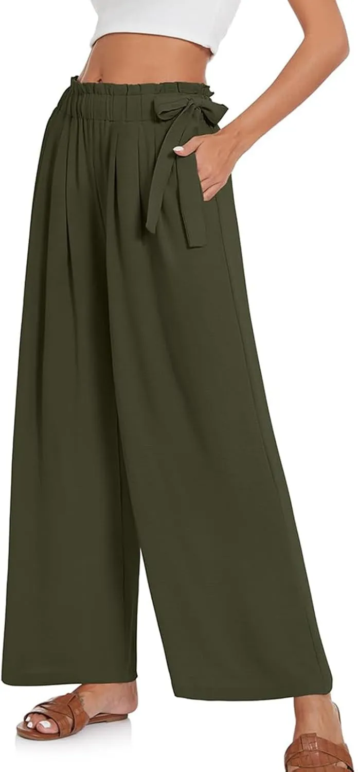 Womens Cotton Linen Wide Leg Pants High Waisted Tie Knot Trousers Business Casual Pants Summer Loose Palazzo Trousers