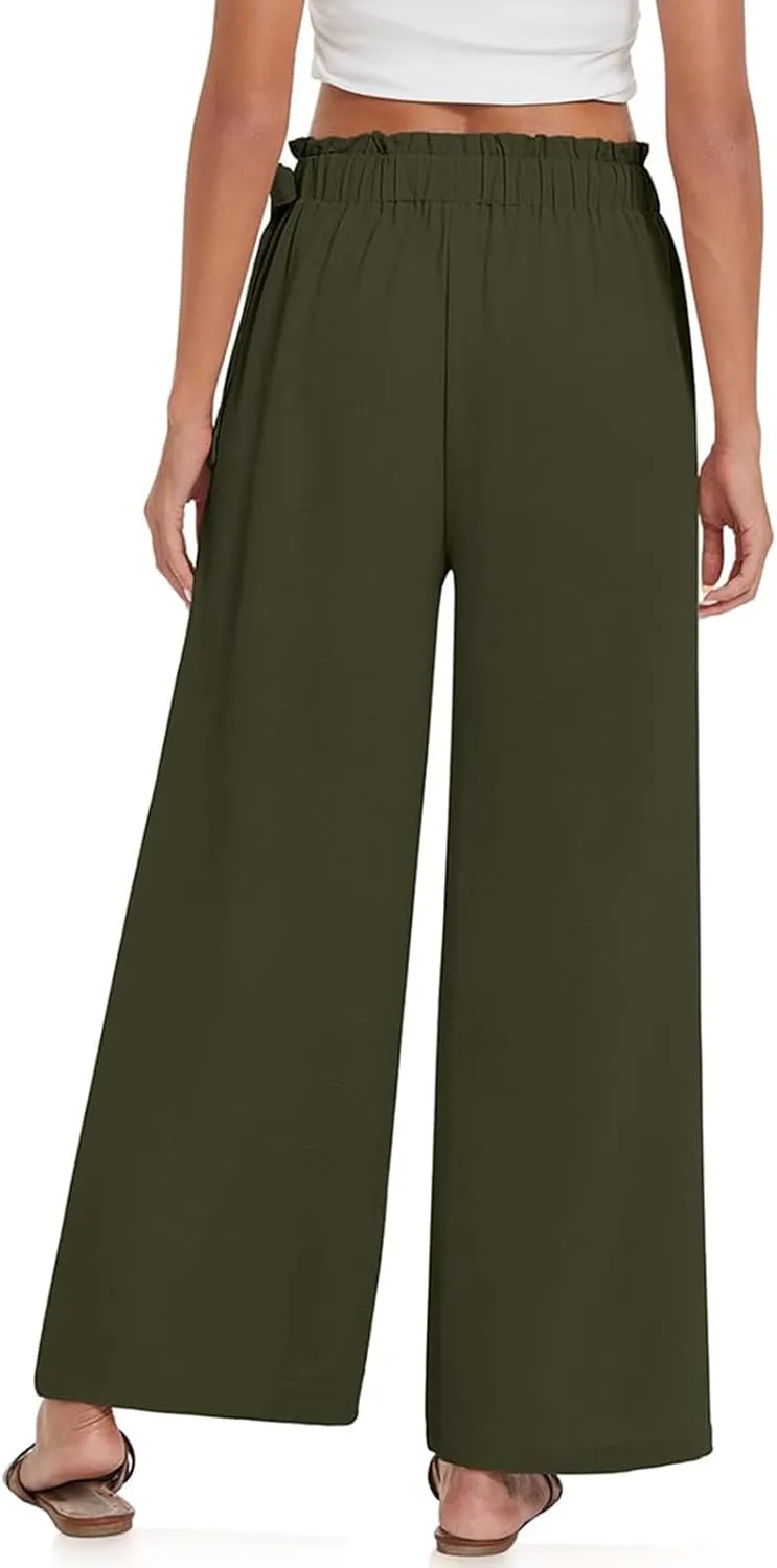 Womens Cotton Linen Wide Leg Pants High Waisted Tie Knot Trousers Business Casual Pants Summer Loose Palazzo Trousers