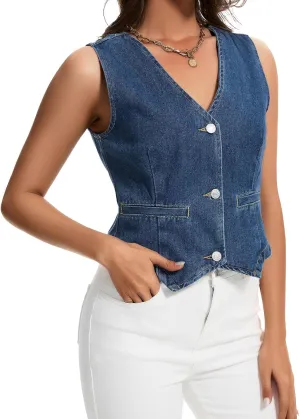 Womens Denim Vest Sleeveless V Neck Button Down Jean Jacket Y2K Summer Crop Tops