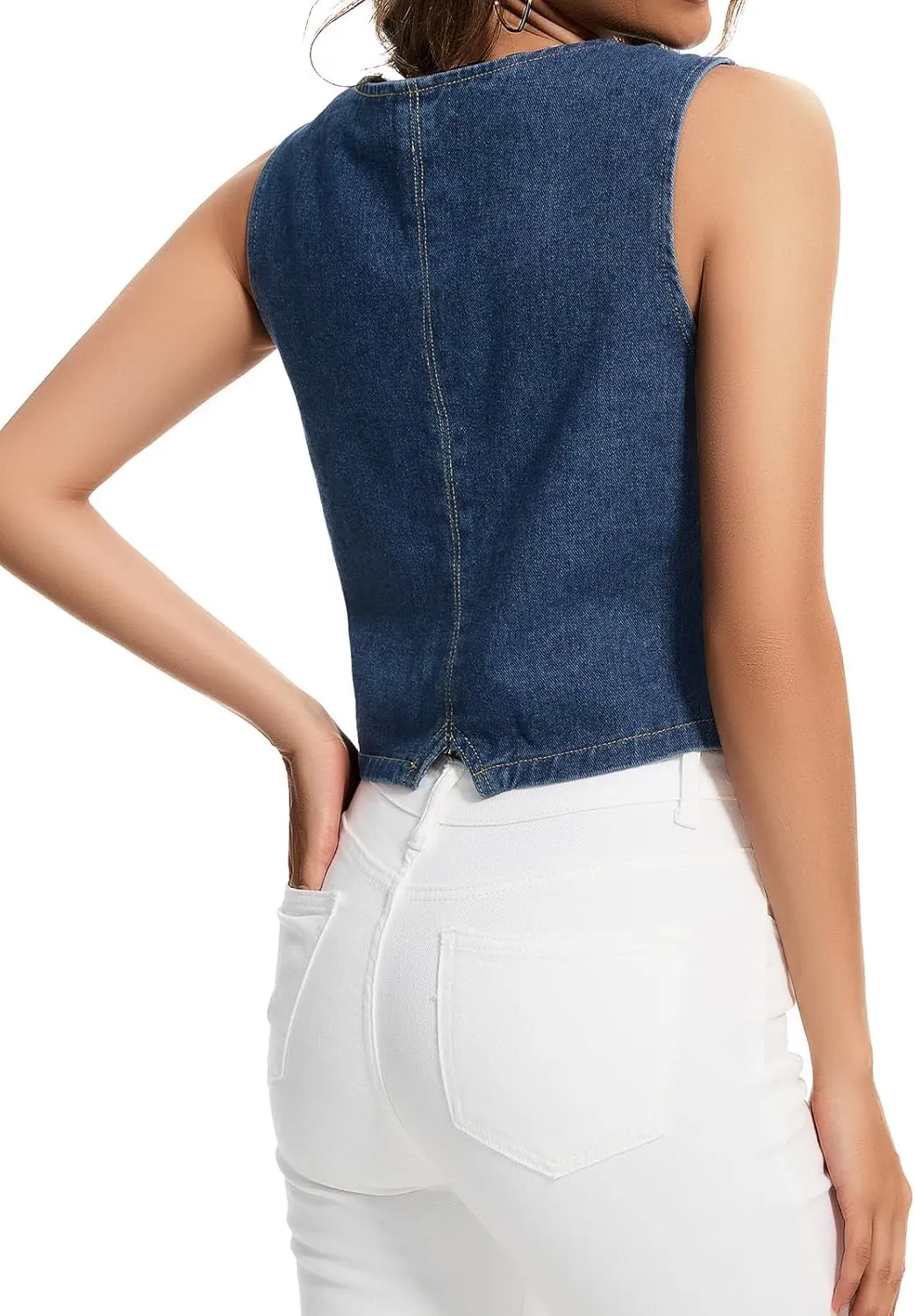 Womens Denim Vest Sleeveless V Neck Button Down Jean Jacket Y2K Summer Crop Tops
