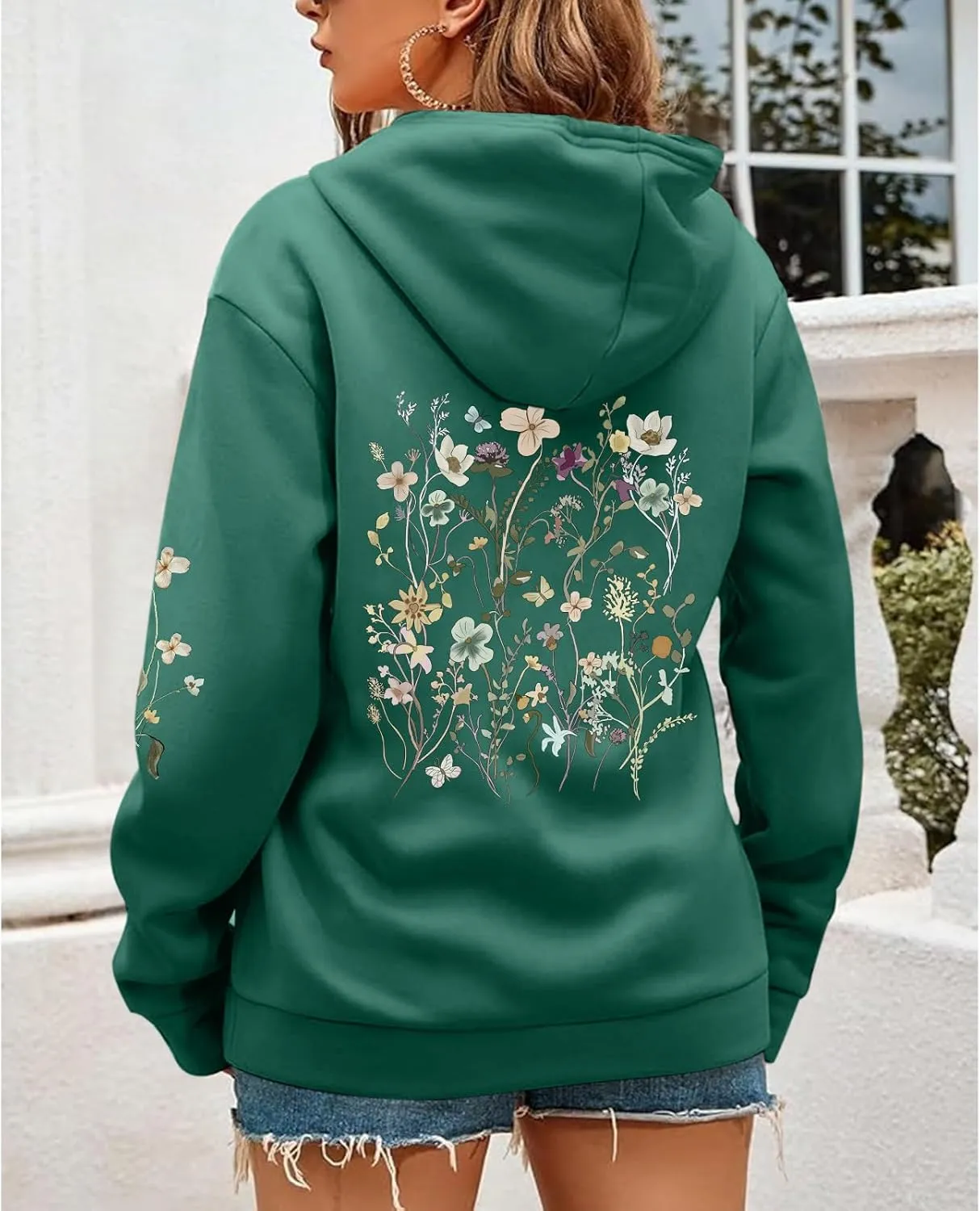 Women's Floral Printed Hoodies Vintage Aesthetic Flower Graphic Sweatshirt Cute Boho Fleece Thermal Hoodie Pullover