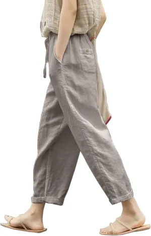 Womens Linen Blend Summer Striped Palazzo Lounge Pants High Waist Straight Plus Size Trousers Office