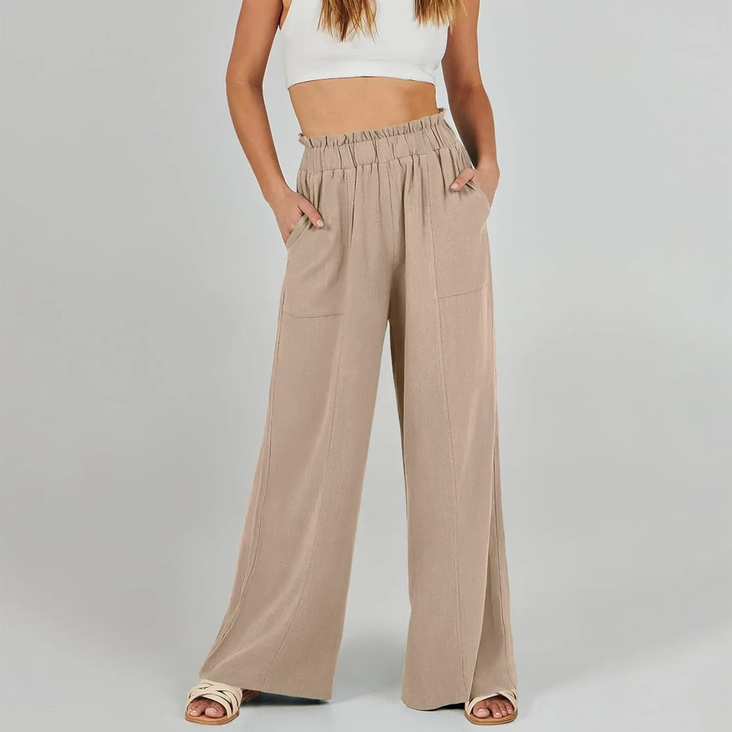 Women's Linen Palazzo Pant 2025 Summer Wide Leg High Waist Casual Lounge Pant Beach Vacation Trousers with Pocket