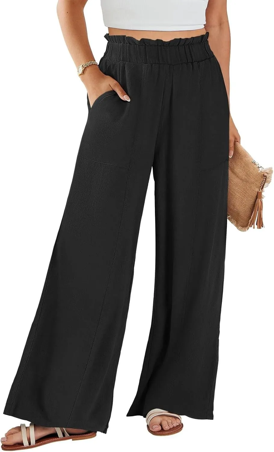 Women's Linen Palazzo Pant 2025 Summer Wide Leg High Waist Casual Lounge Pant Beach Vacation Trousers with Pocket
