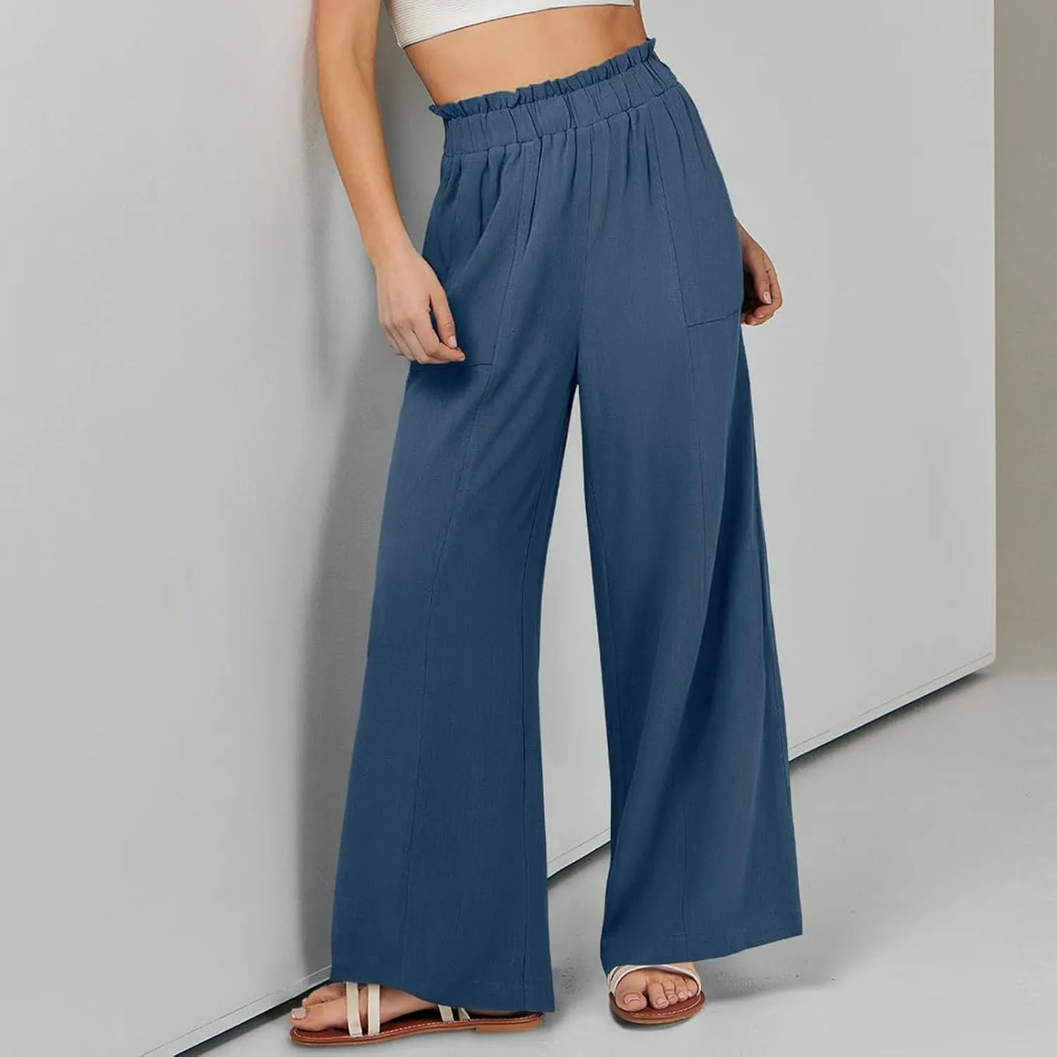 Women's Linen Palazzo Pant 2025 Summer Wide Leg High Waist Casual Lounge Pant Beach Vacation Trousers with Pocket