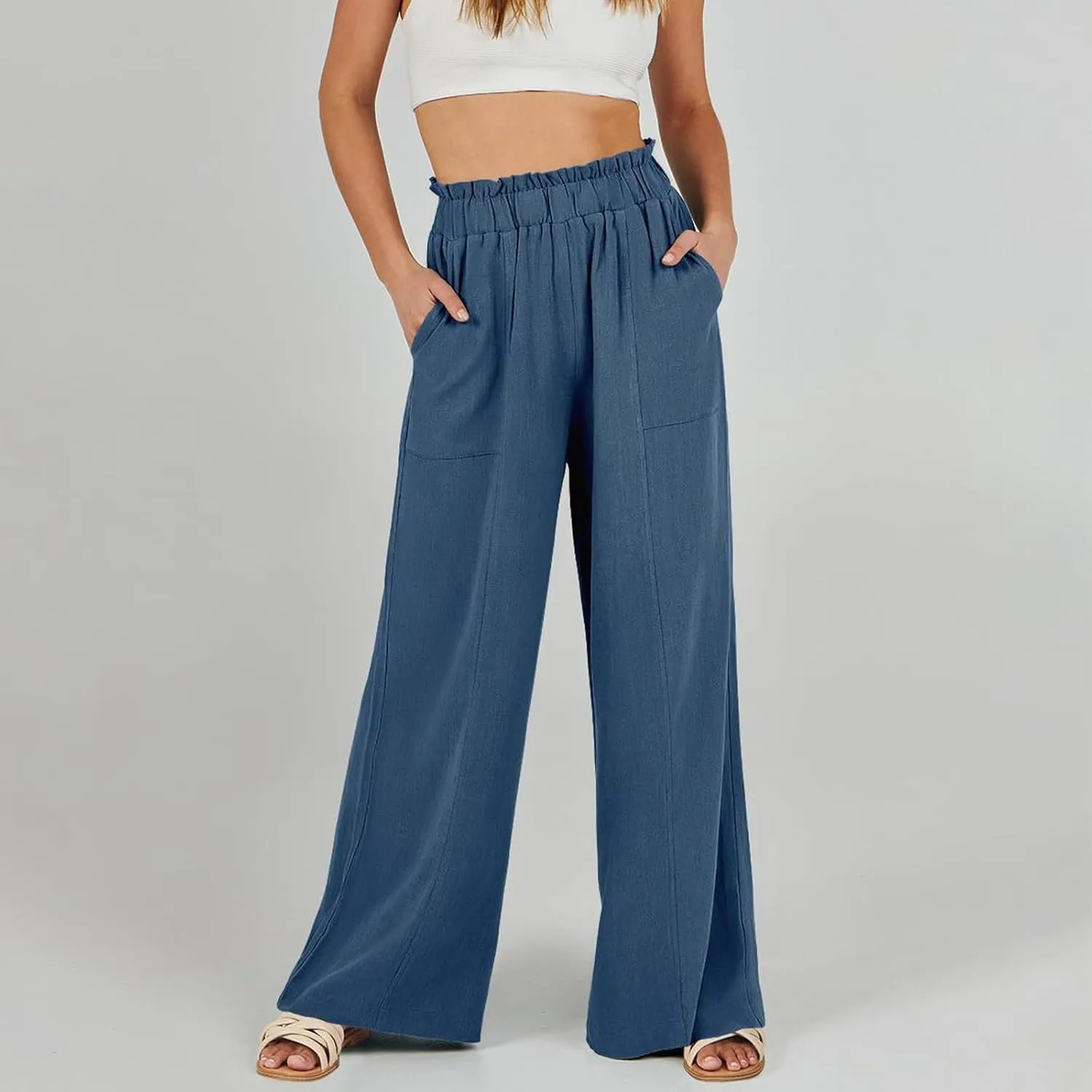 Women's Linen Palazzo Pant 2025 Summer Wide Leg High Waist Casual Lounge Pant Beach Vacation Trousers with Pocket