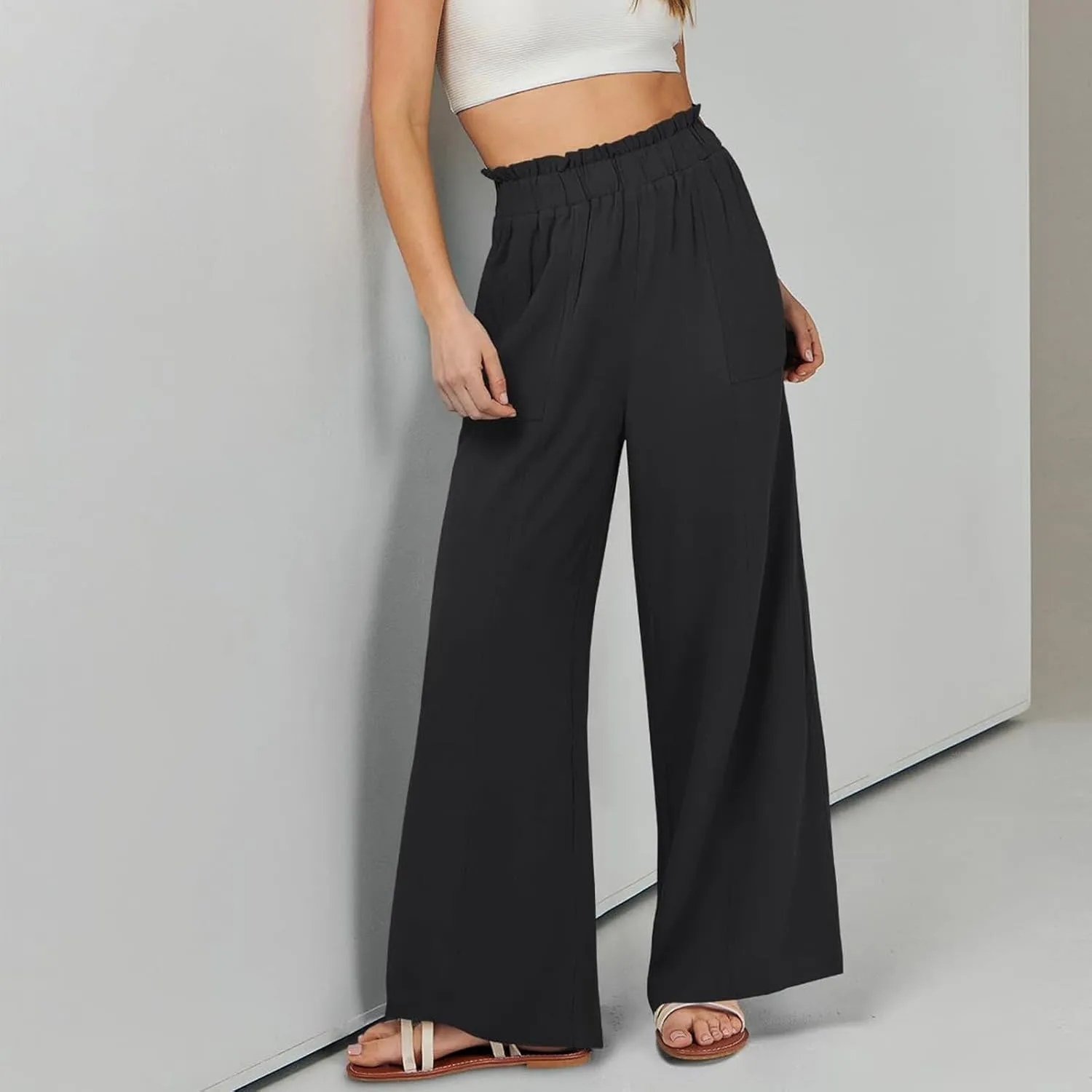 Women's Linen Palazzo Pant 2025 Summer Wide Leg High Waist Casual Lounge Pant Beach Vacation Trousers with Pocket