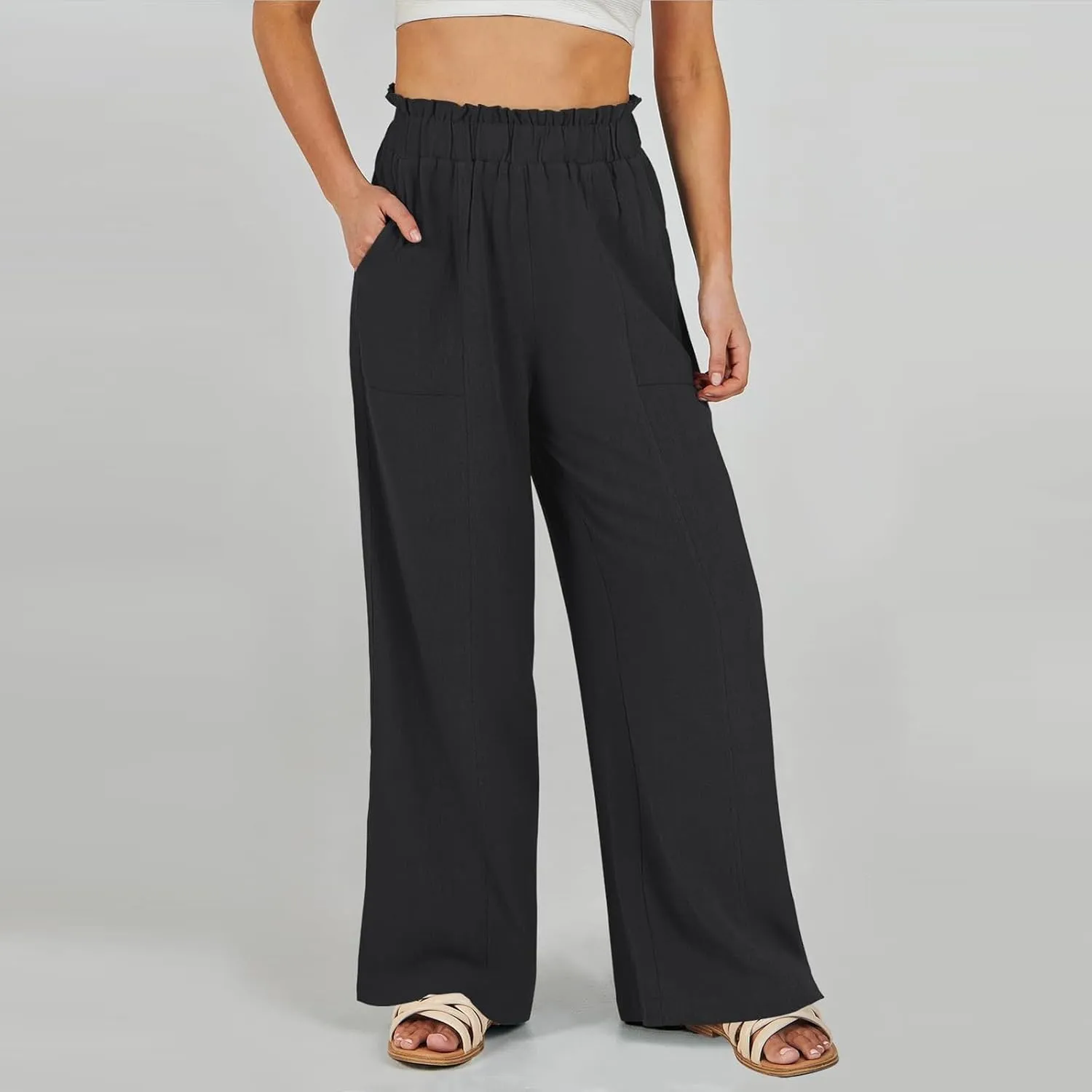 Women's Linen Palazzo Pant 2025 Summer Wide Leg High Waist Casual Lounge Pant Beach Vacation Trousers with Pocket