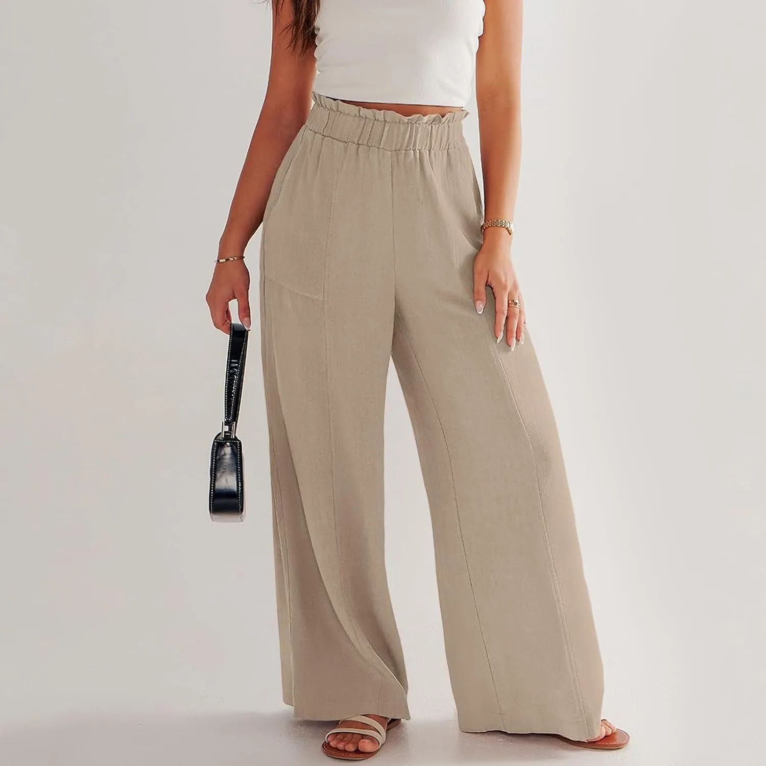 Women's Linen Palazzo Pant 2025 Summer Wide Leg High Waist Casual Lounge Pant Beach Vacation Trousers with Pocket