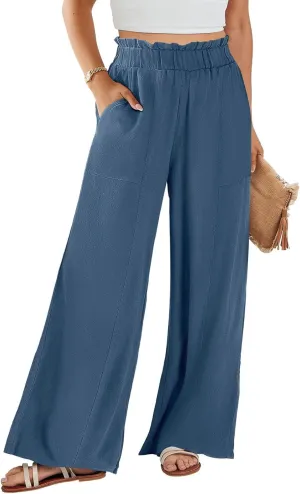 Women's Linen Palazzo Pant 2025 Summer Wide Leg High Waist Casual Lounge Pant Beach Vacation Trousers with Pocket