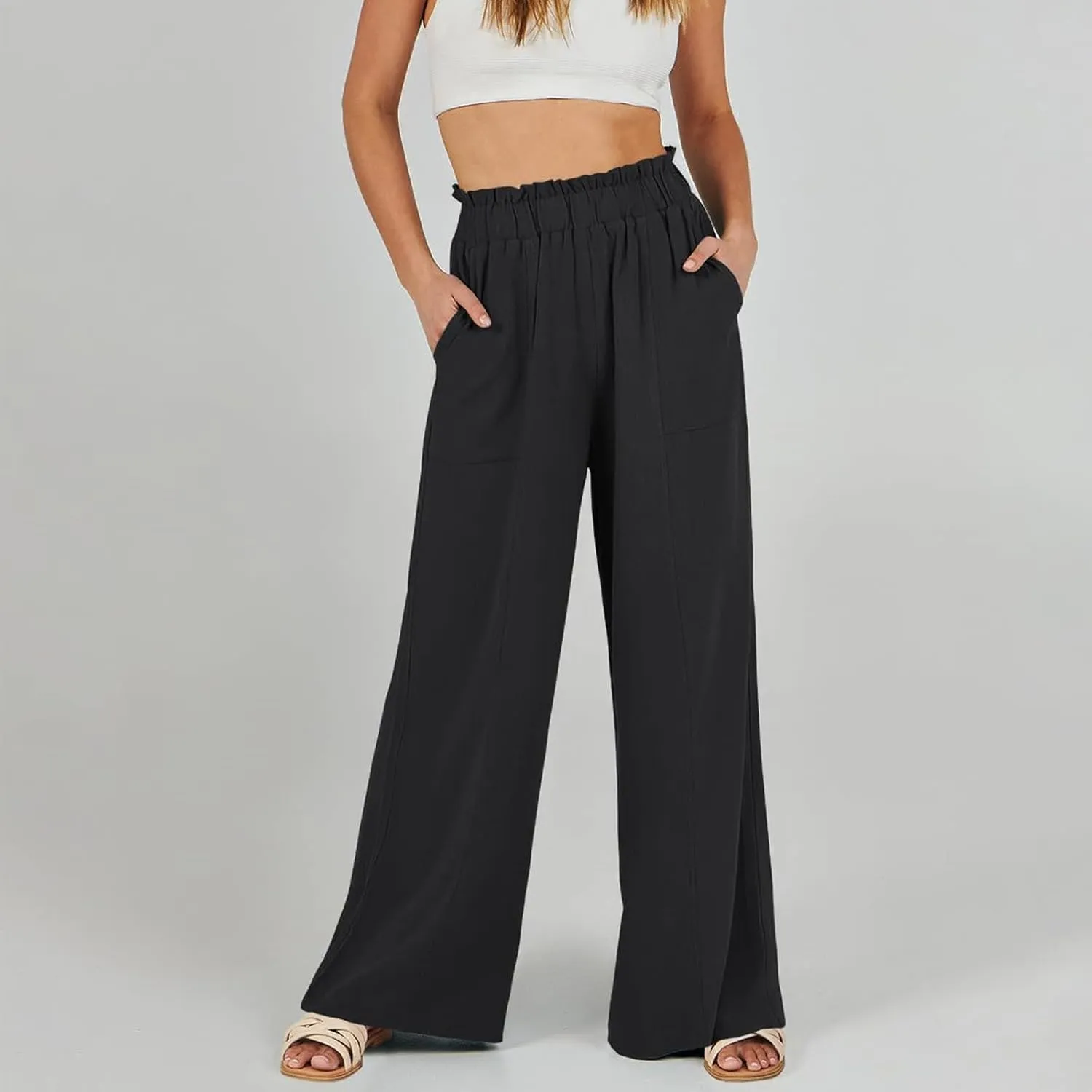 Women's Linen Palazzo Pant 2025 Summer Wide Leg High Waist Casual Lounge Pant Beach Vacation Trousers with Pocket