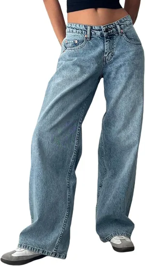Women's Low Rise Boyfriend Jeans Y2K Wide Leg Straight Baggy Vintage Denim Pants Casual Loose