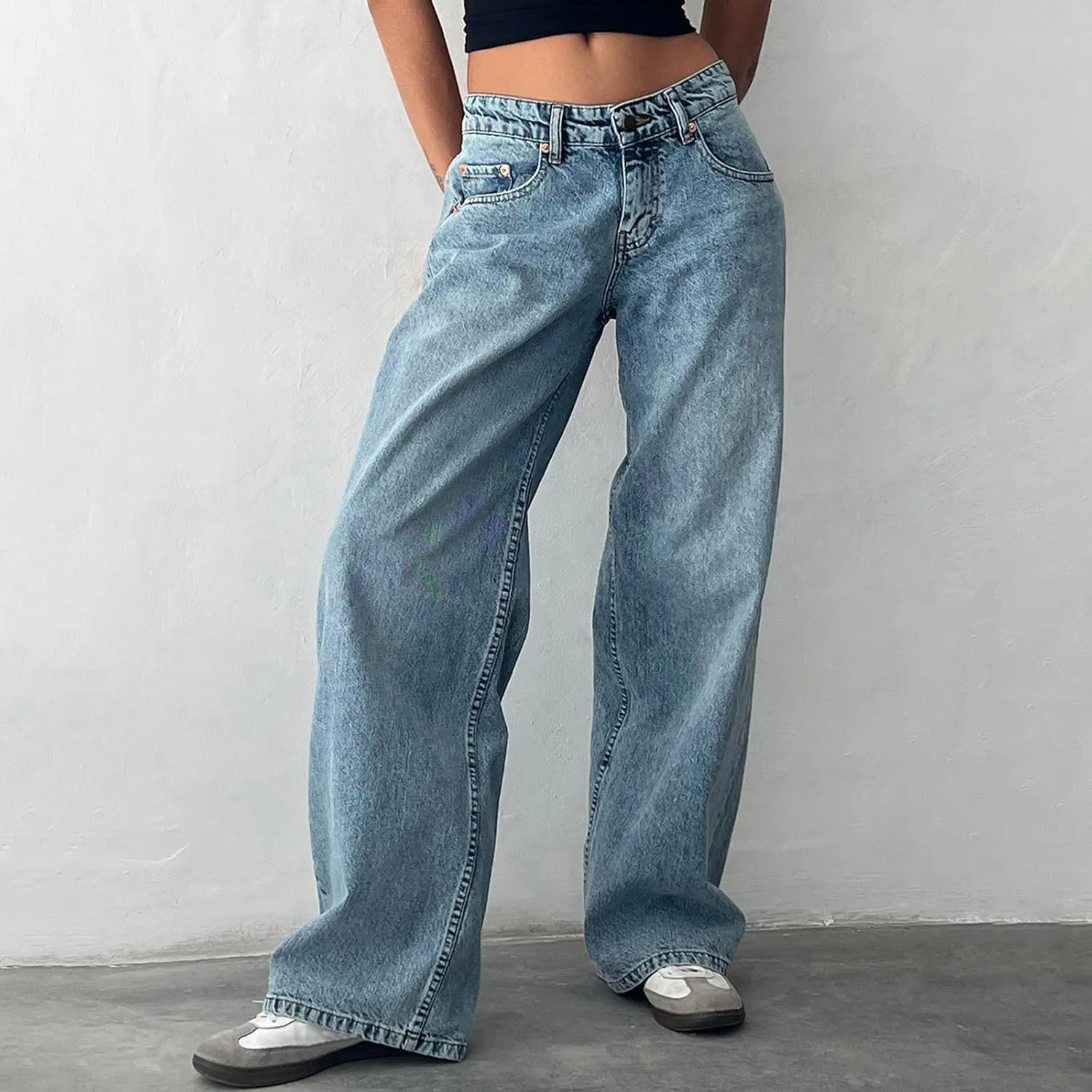 Women's Low Rise Boyfriend Jeans Y2K Wide Leg Straight Baggy Vintage Denim Pants Casual Loose
