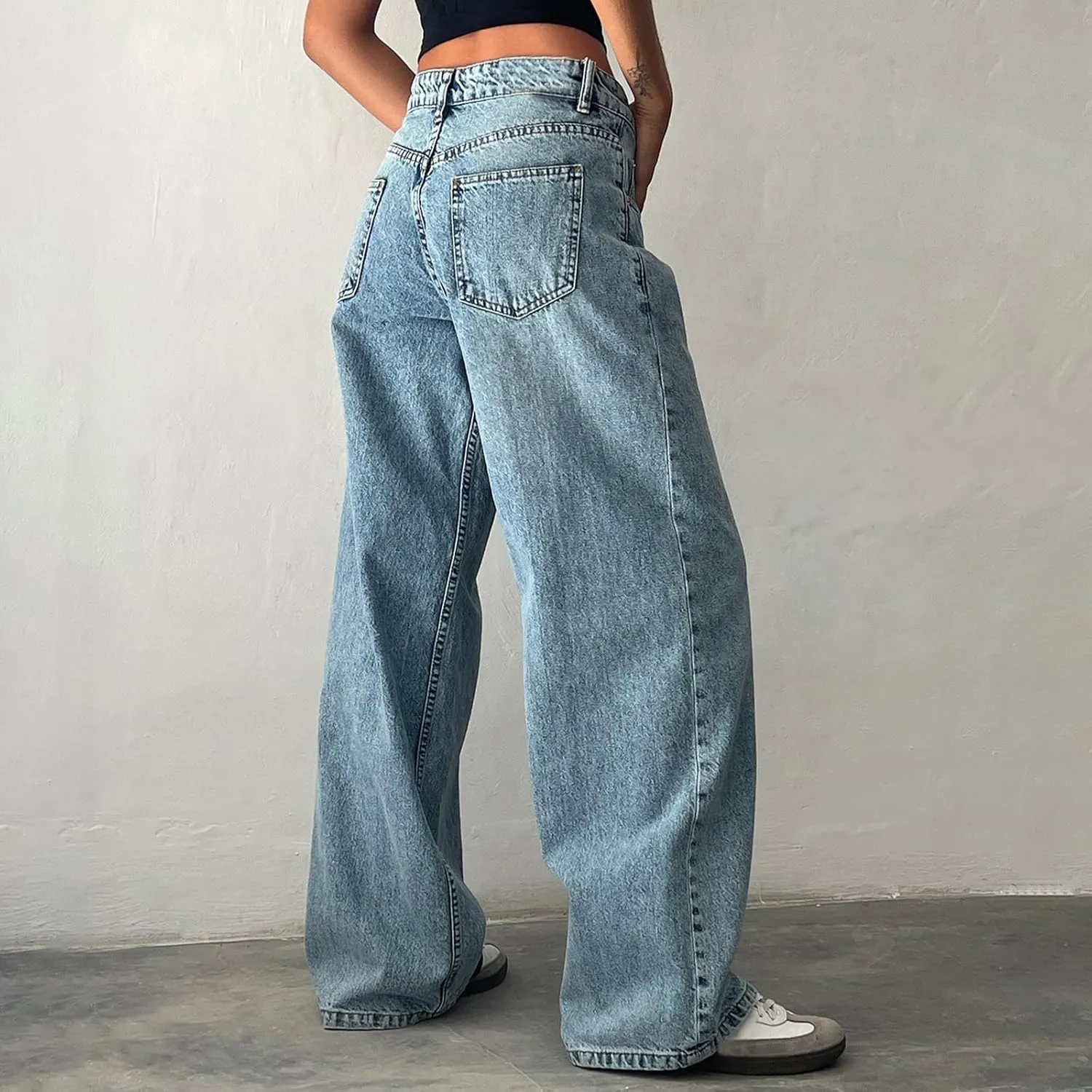 Women's Low Rise Boyfriend Jeans Y2K Wide Leg Straight Baggy Vintage Denim Pants Casual Loose