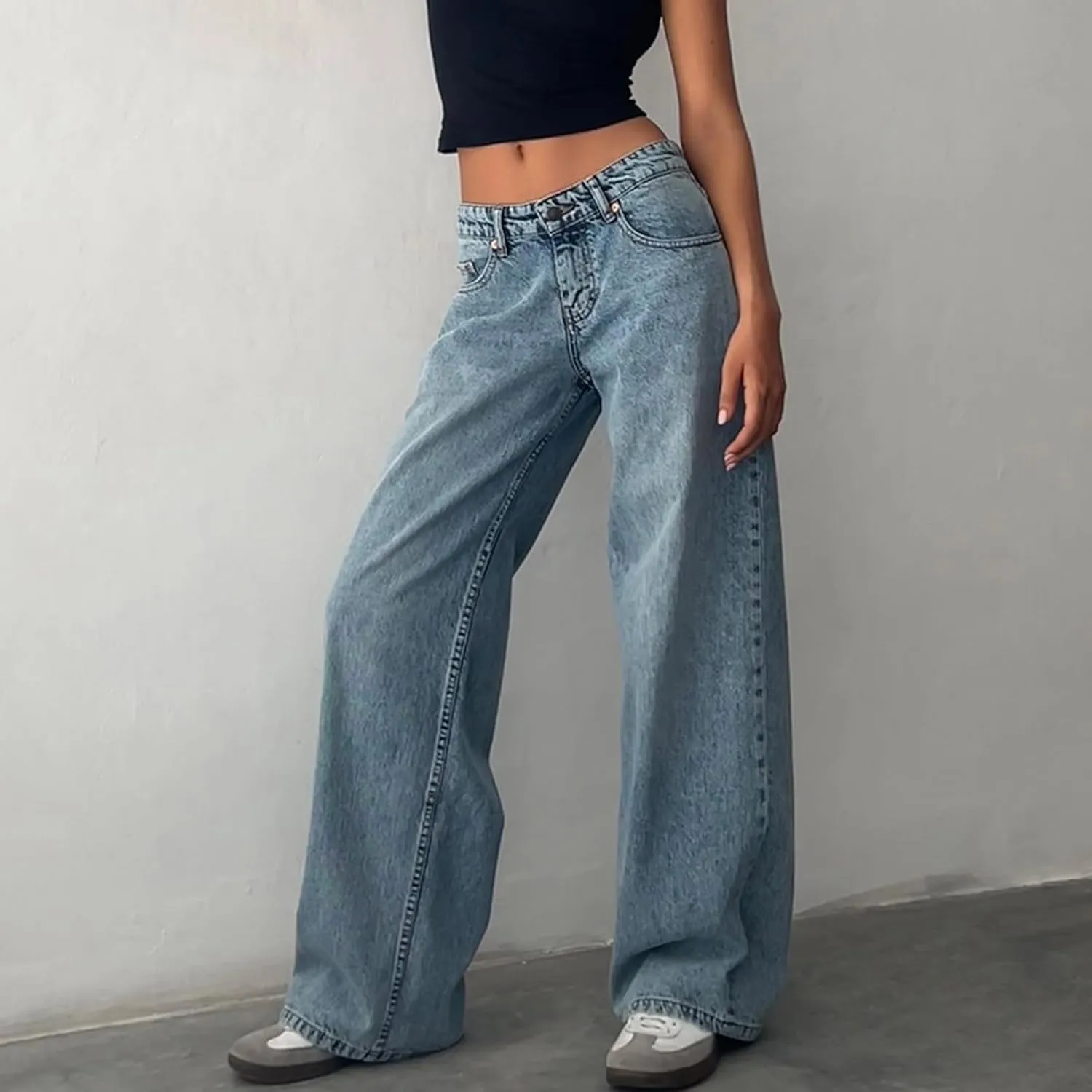 Women's Low Rise Boyfriend Jeans Y2K Wide Leg Straight Baggy Vintage Denim Pants Casual Loose