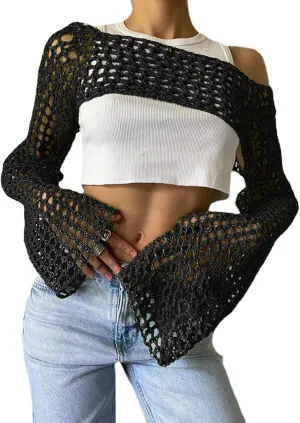 Women's Mesh Crochet Crop Tops Shrugs Sexy Y2k Hollow Out Cropped Knit Sweater See Through Bikini Cover Ups