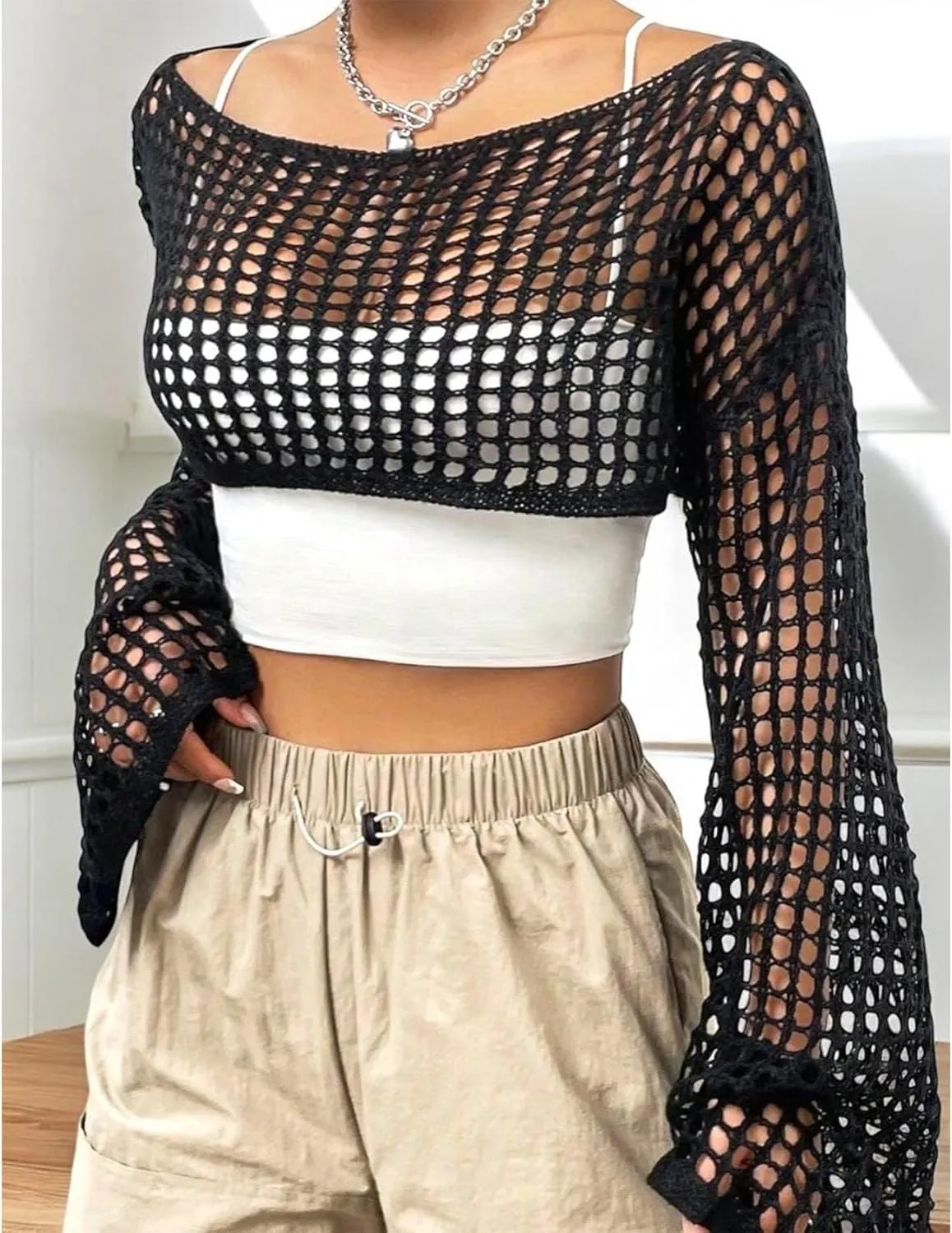 Women's Mesh Crochet Crop Tops Shrugs Sexy Y2k Hollow Out Cropped Knit Sweater See Through Bikini Cover Ups
