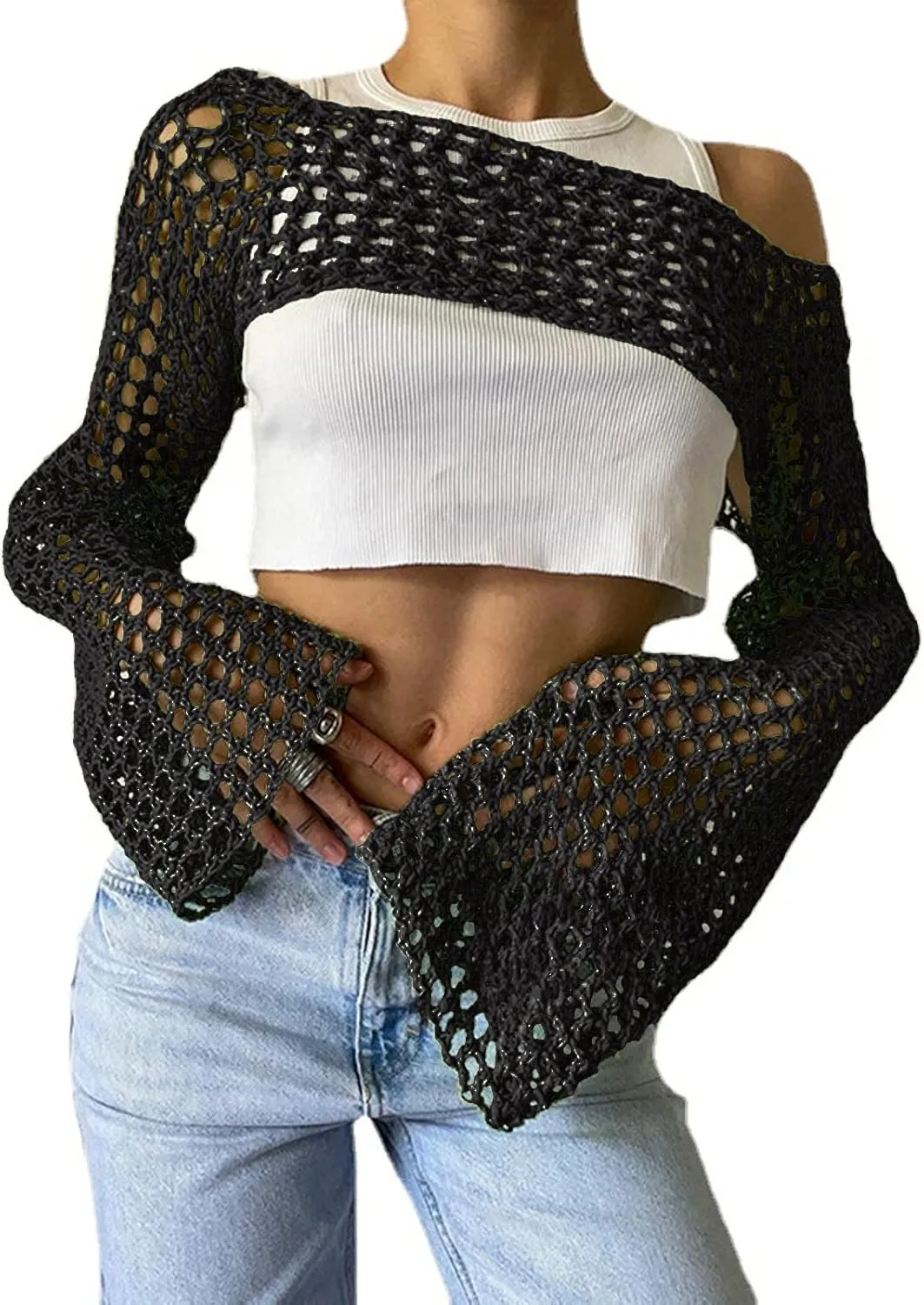 Women's Mesh Crochet Crop Tops Shrugs Sexy Y2k Hollow Out Cropped Knit Sweater See Through Bikini Cover Ups