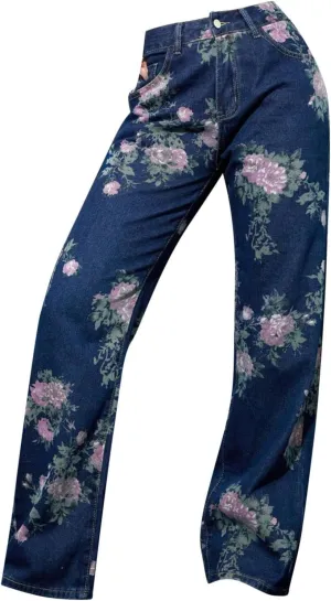 Women's Mid Waist Button Up Flower Print Jeans Fashion Casual Trousers 4X Womens Jean Jacket