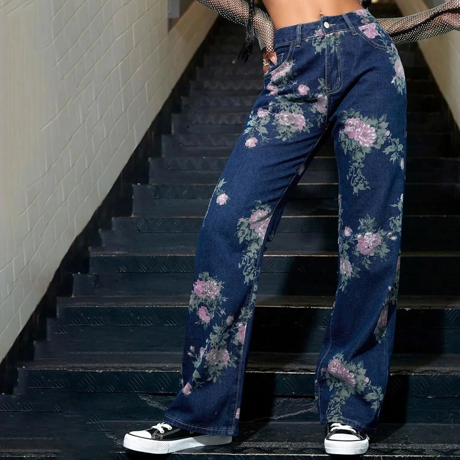 Women's Mid Waist Button Up Flower Print Jeans Fashion Casual Trousers 4X Womens Jean Jacket