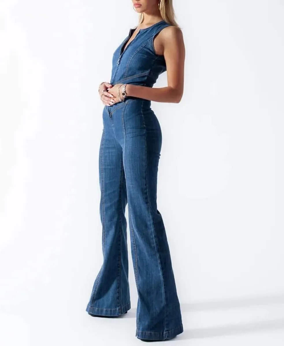 Womens Sexy Slim Fit High Waist Denim Jumpsuit Sleeveless Zipper Backless Wide Leg Rompers
