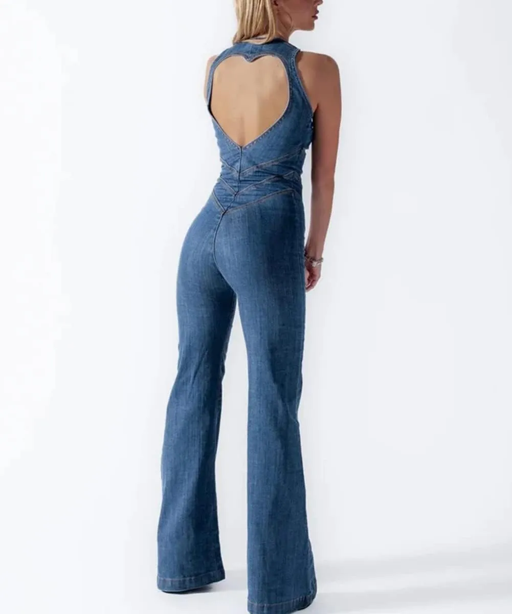 Womens Sexy Slim Fit High Waist Denim Jumpsuit Sleeveless Zipper Backless Wide Leg Rompers