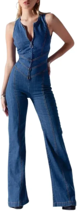 Womens Sexy Slim Fit High Waist Denim Jumpsuit Sleeveless Zipper Backless Wide Leg Rompers