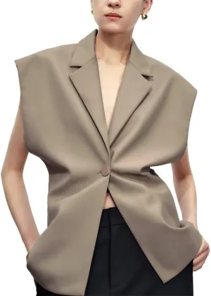 Womens Sleeveless Blazer Vest V Neck Summer Casual Waistcoat Lapel Collar Button Up Tops for Women