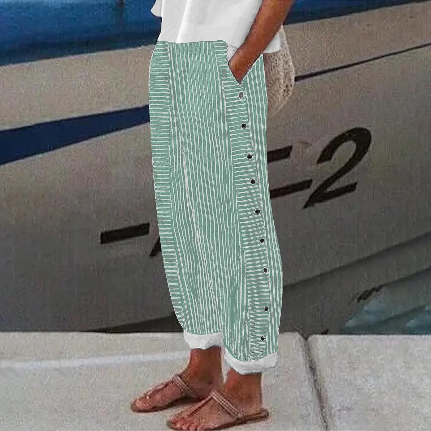 Womens Striped Linen Pants Casual High Waisted Wide Leg Cropped Pants Summer Beach Gauze Capri Trousers with Pockets