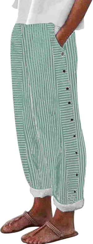 Womens Striped Linen Pants Casual High Waisted Wide Leg Cropped Pants Summer Beach Gauze Capri Trousers with Pockets