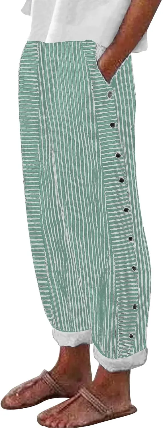 Womens Striped Linen Pants Casual High Waisted Wide Leg Cropped Pants Summer Beach Gauze Capri Trousers with Pockets
