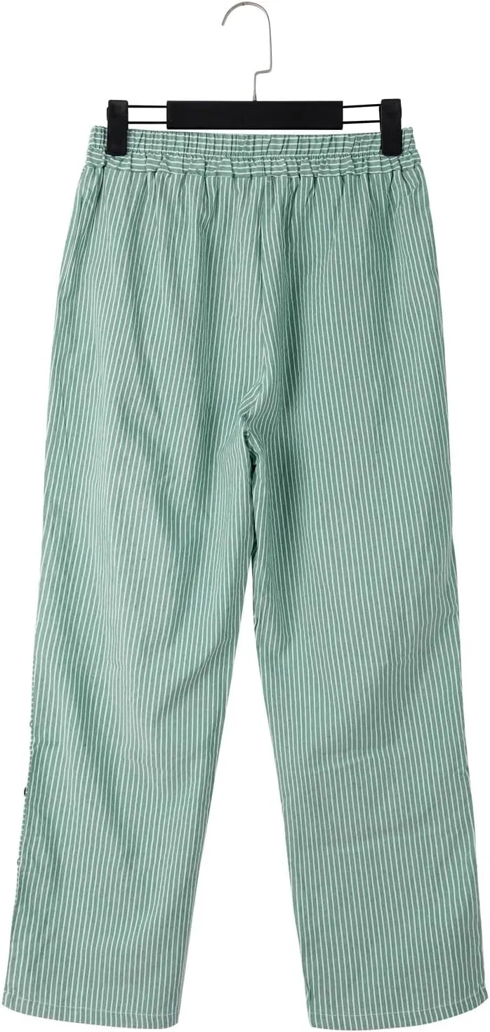 Womens Striped Linen Pants Casual High Waisted Wide Leg Cropped Pants Summer Beach Gauze Capri Trousers with Pockets