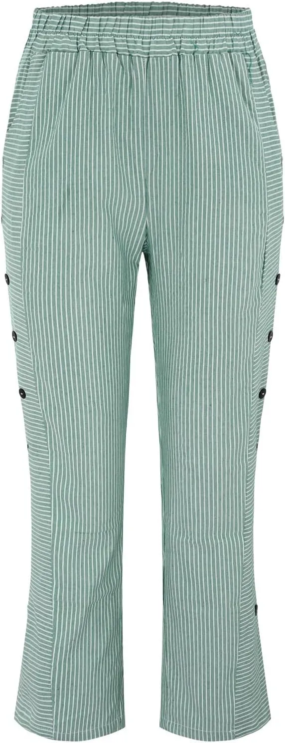Womens Striped Linen Pants Casual High Waisted Wide Leg Cropped Pants Summer Beach Gauze Capri Trousers with Pockets